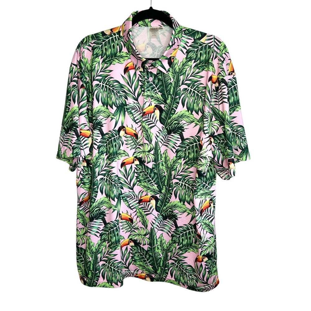 Golf Gods Hawaiian Polo Mens 2XL Tropical Vacation Luau Short Sleeve Resort Pink